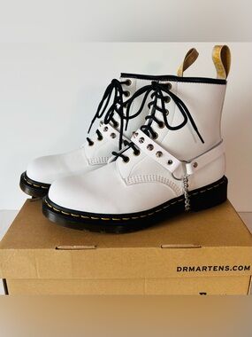 Dr. Martens 1460 White Vegan Combat Boots with Custom Studded Boot Straps